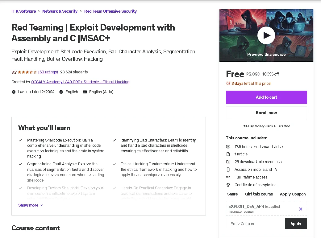 Free Udemy Course: Red Teaming | Exploit Development with Assembly and C |MSAC+