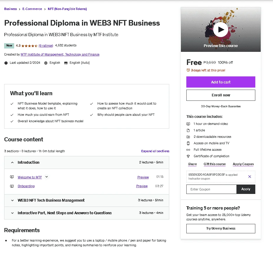 Free Udemy Course: Professional Diploma in WEB3 NFT Business