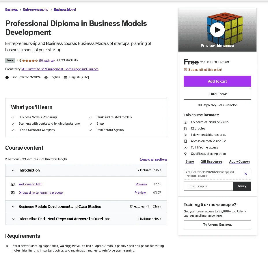 Free Udemy Course: Professional Diploma in Business Models Development