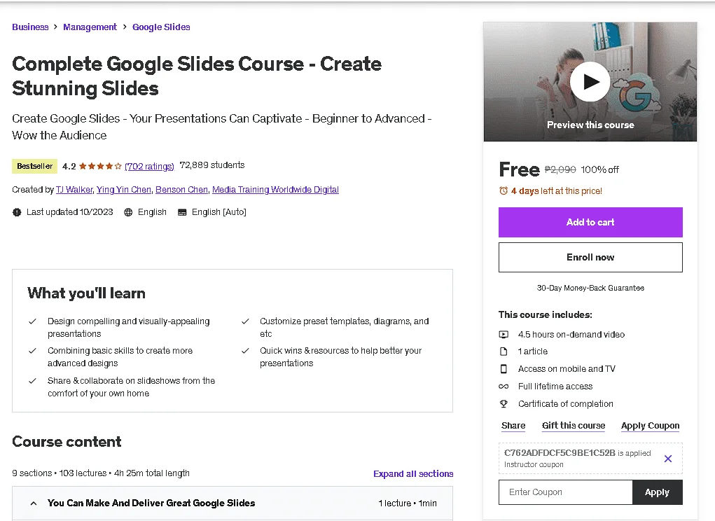 Free Udemy Course: (Bestseller) Complete Google Slides Course - Create Stunning Slides
