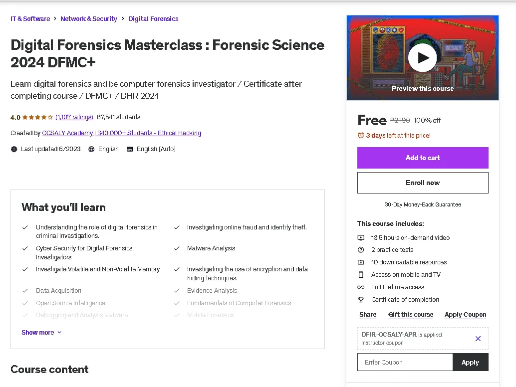 Free Udemy Course: Digital Forensics Masterclass : Forensic Science 2024 DFMC+