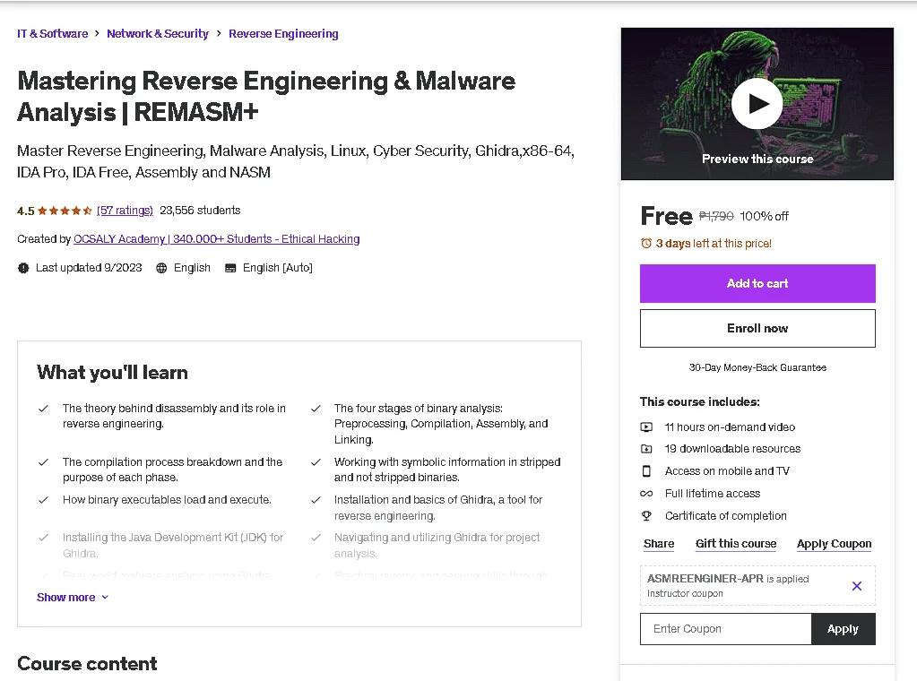 Free Udemy Course: Mastering Reverse Engineering & Malware Analysis | REMASM+
