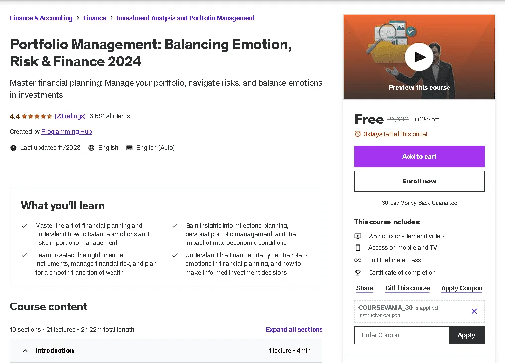 Free Udemy Course: Portfolio Management: Balancing Emotion, Risk & Finance 2024