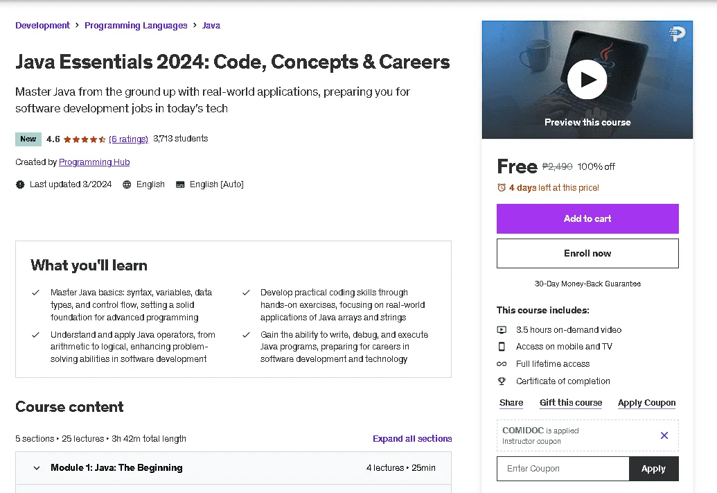 Free Udemy Course: Java Essentials 2024: Code, Concepts & Careers