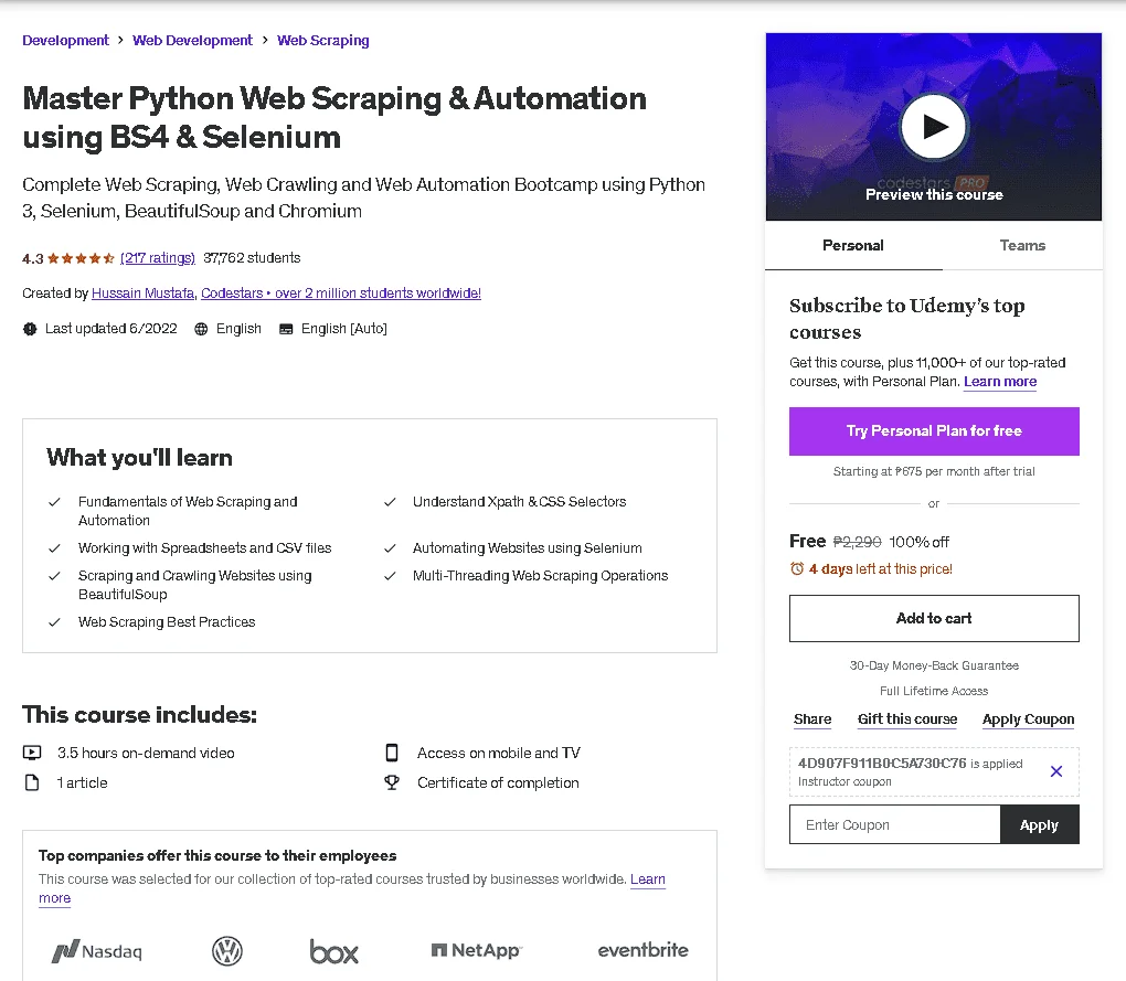 Free Udemy Course: Master Python Web Scraping & Automation using BS4 & Selenium
