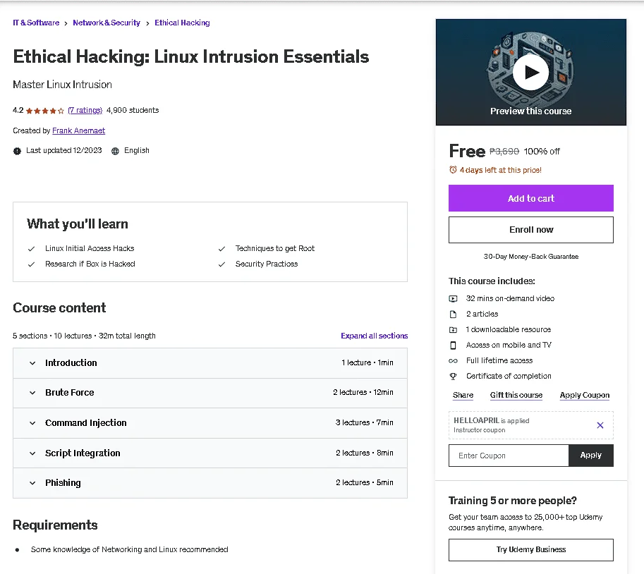 Free Udemy Course: Ethical häçking: Linux Intrusion Essentials