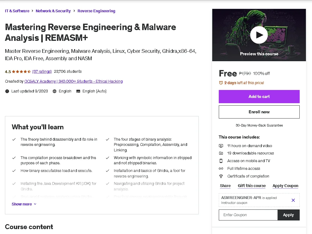 Free Udemy Course: Mastering Reverse Engineering & Malware Analysis | REMASM+