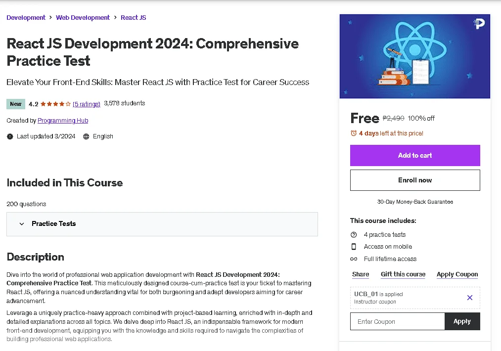 Free Udemy Course: React JS Development 2024: Comprehensive Practice Test