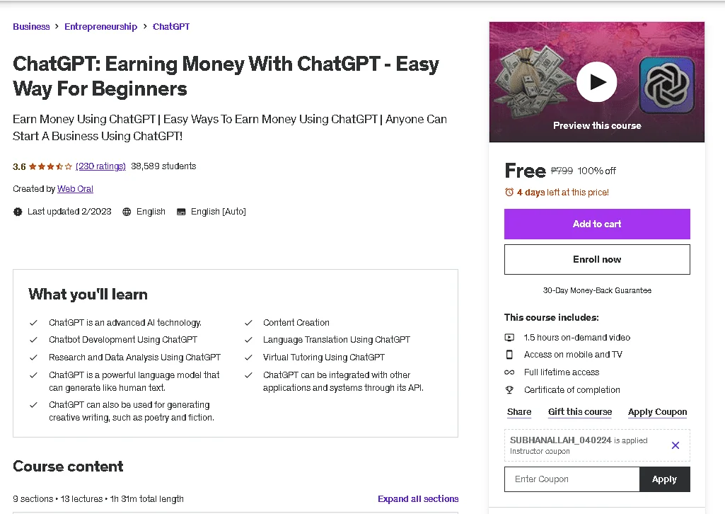 Free Udemy Course: ᑕᕼᗩTGᑭT: Earning Money With ᑕᕼᗩTGᑭT - Easy Way For Beginners