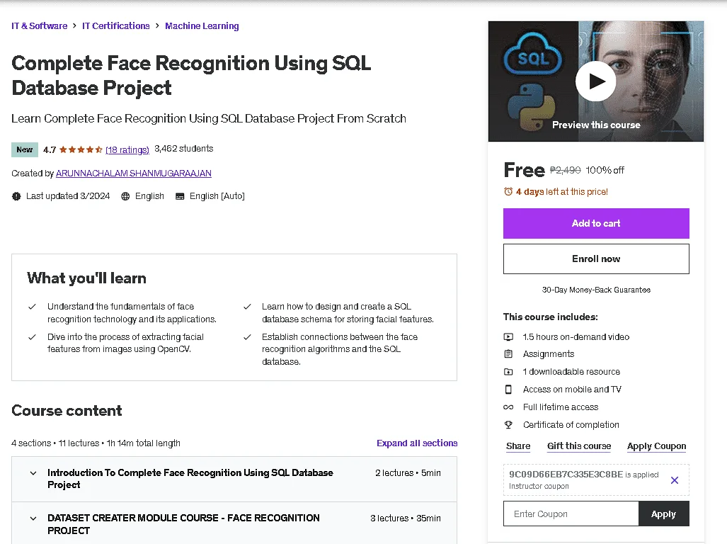 Free Udemy Course: Complete Face Recognition Using SQL Database Project