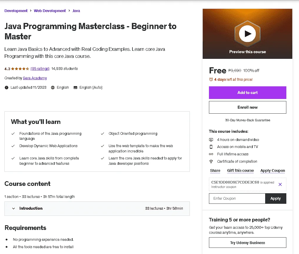 Free Udemy Course: Java Programming Masterclass - Beginner to Master