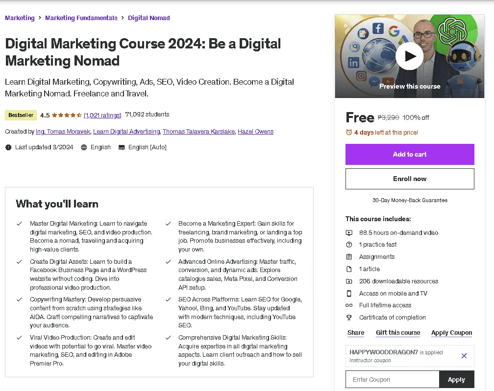 Free Udemy Course: (Bestseller) Digital Marketing Course 2024: Be a Digital Marketing Nomad