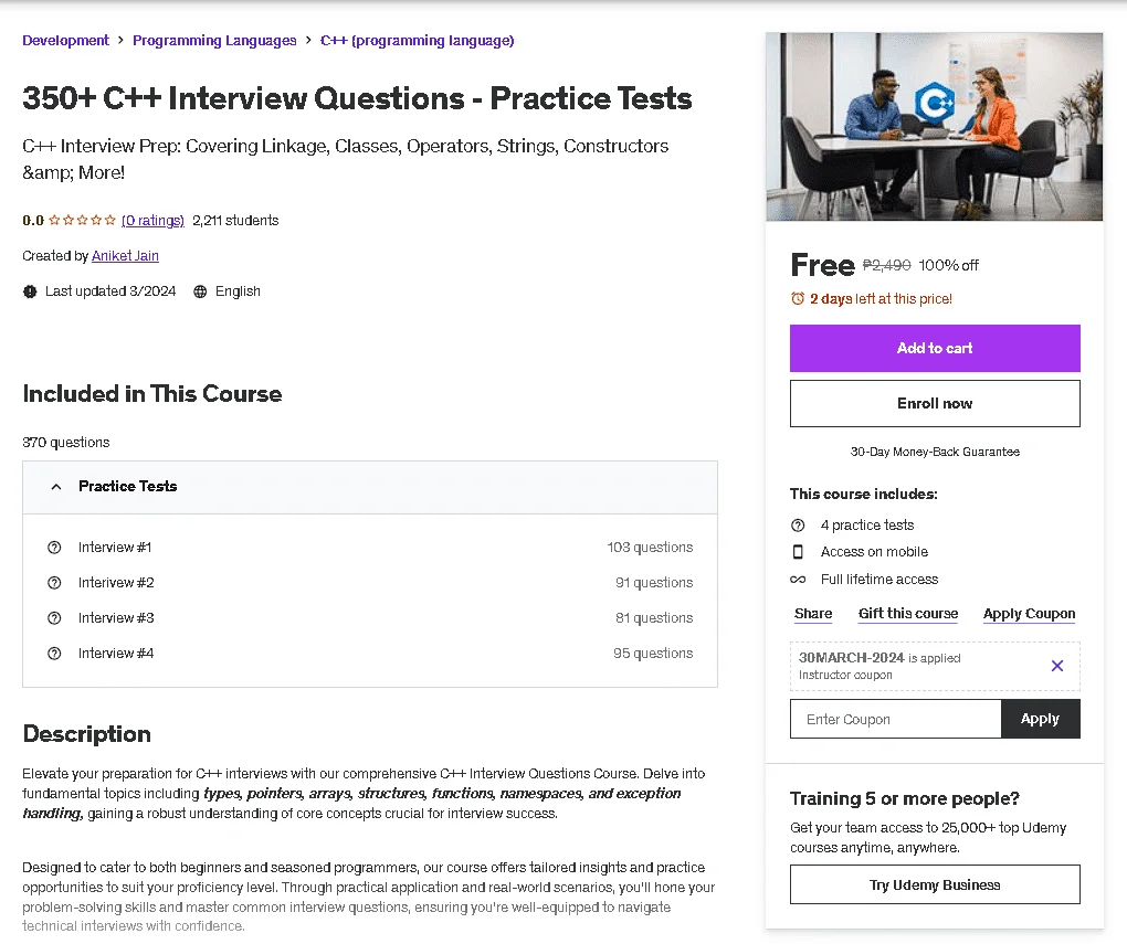 Free Udemy Course: 350+ C++ Interview Questions - Practice Tests