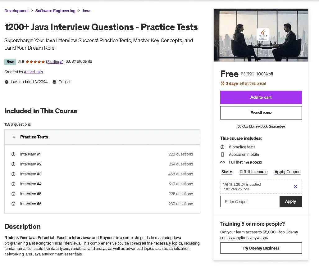 Free Udemy Course: 1200+ Java Interview Questions - Practice Tests