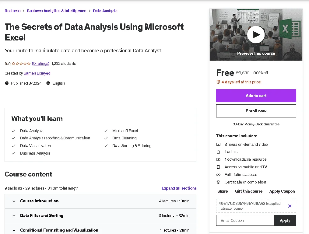 Free Udemy Course: The Secrets of Data Analysis Using Microsoft Excel