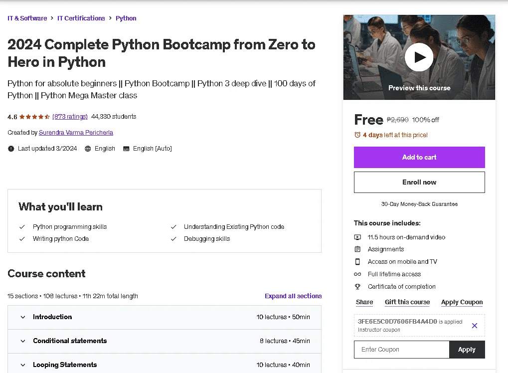 Free Udemy Course: 2024 Complete Python Bootcamp from Zero to Hero in Python