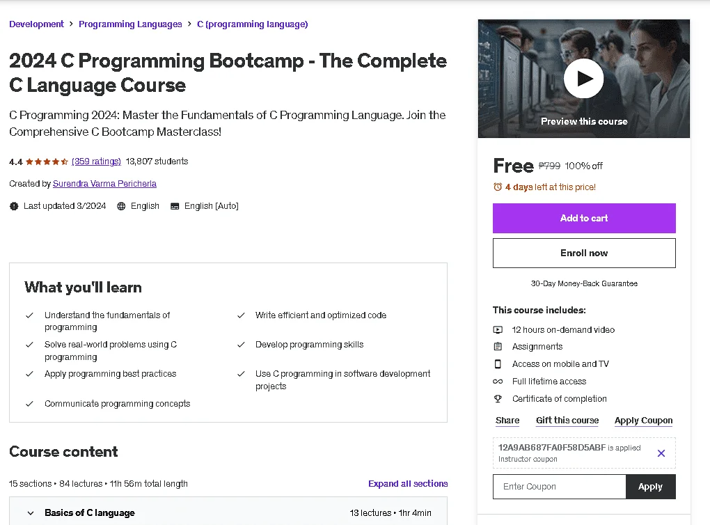 Free Udemy Course: 2024 C Programming Bootcamp - The Complete C Language Course