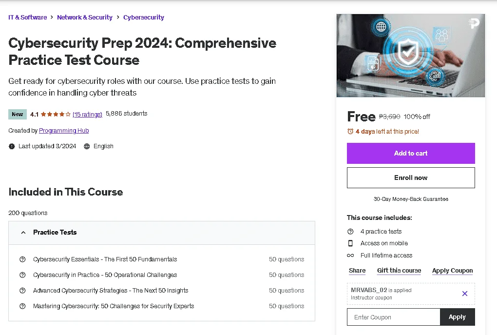 Free Udemy Course: Cybersecurity Prep 2024: Comprehensive Practice Test Course