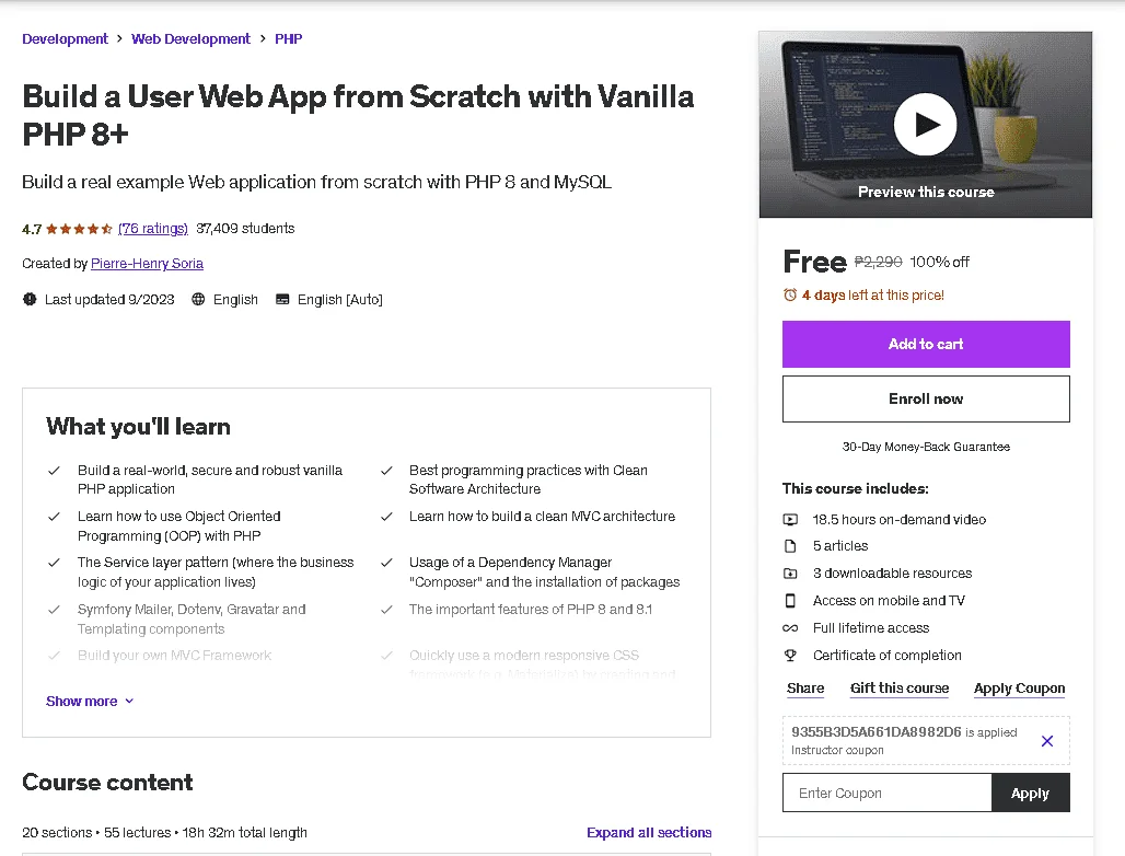 Free Udemy Course: Build a User Web App from Scratch with Vanilla PHP 8+
