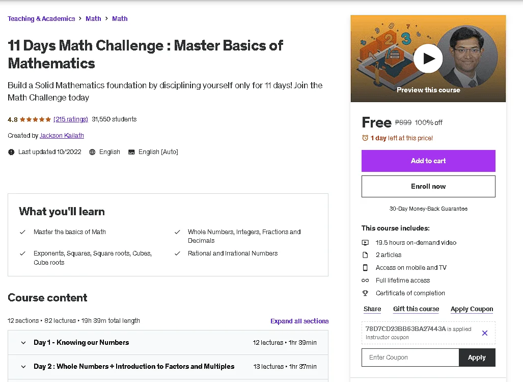 Free Udemy Course: 11 Days Math Challenge : Master Basics of Mathematics