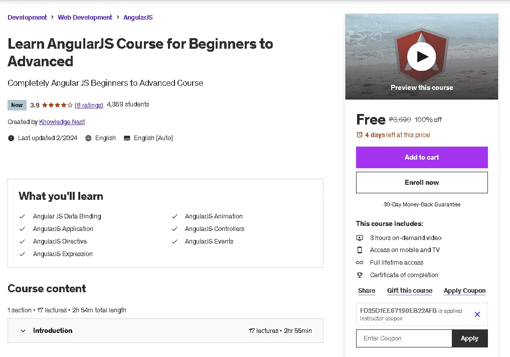 Free Udemy Course: Learn AngularJS Course for Beginners to Advanced