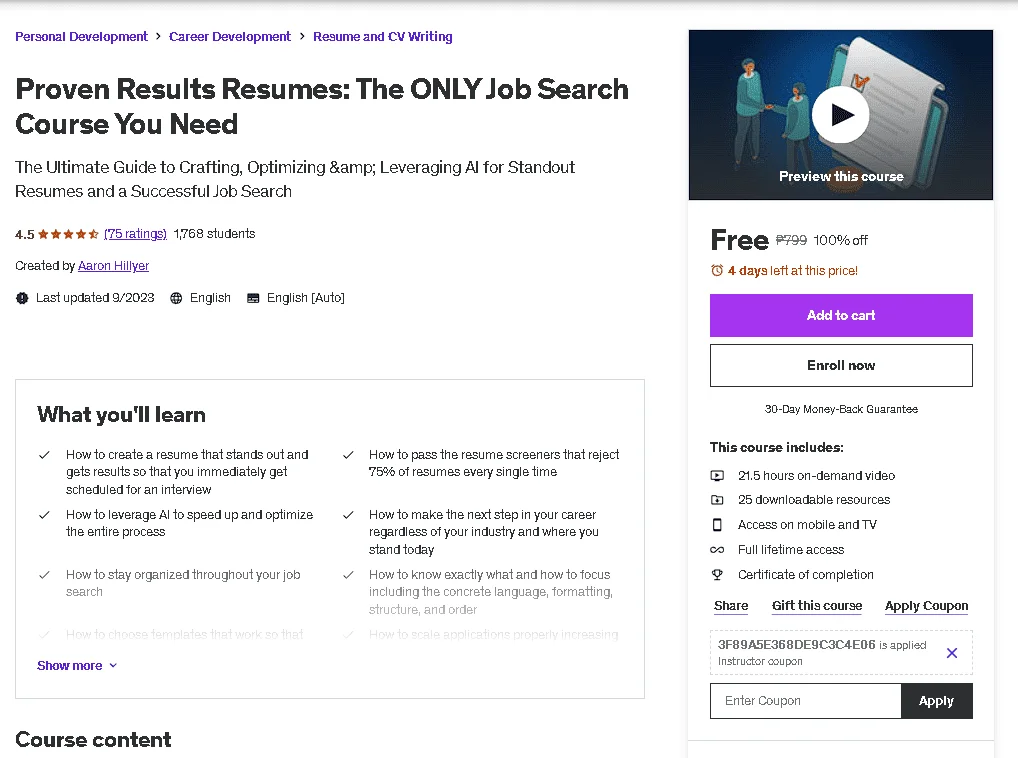 Free Udemy Course: Proven Results Resumes: The ONLY Job Search Course You Need