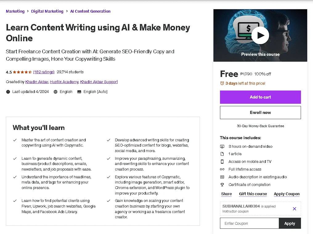 Free Udemy Course: Learn Content Writing using AI & Make Money Online