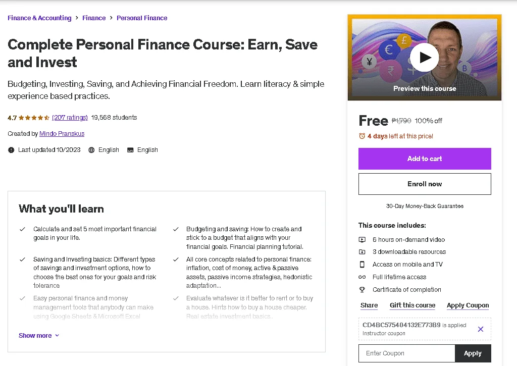 Free Udemy Course: Complete Personal Finance Course: Earn, Save and Invest