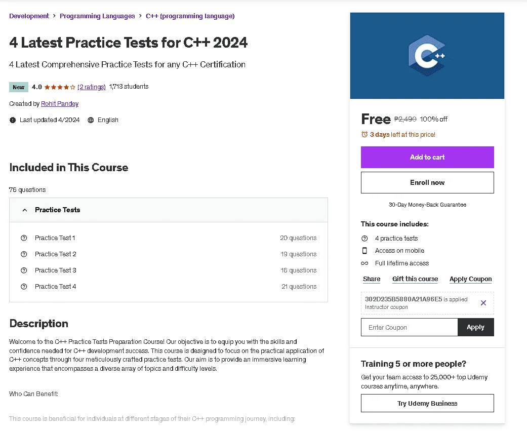 Free Udemy Course: 4 Latest Practice Tests for C++ 2024