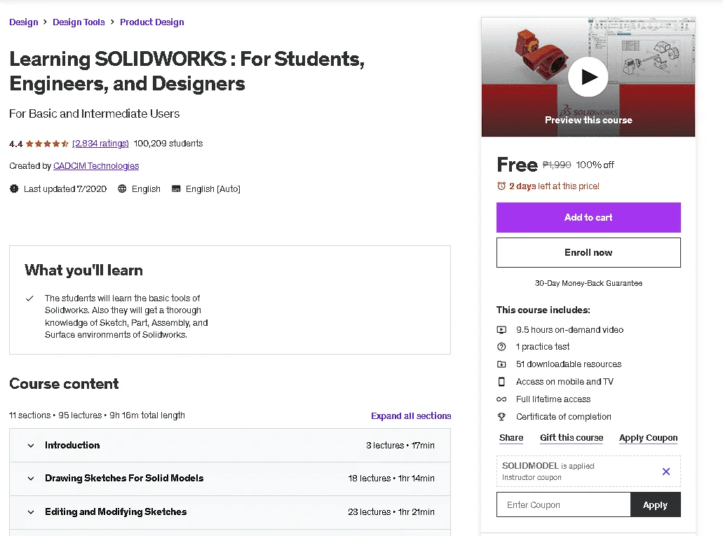 Free Udemy Course: Learning SOLIDWORKS : For Students, Engineers, and Designers