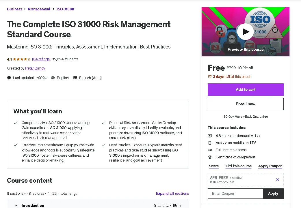 Free Udemy Course: The Complete ISO 31000 Risk Management Standard Course