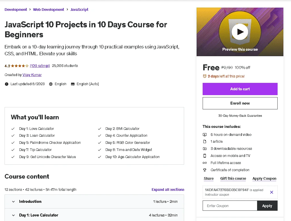 Free Udemy Course: JavaScript 10 Projects in 10 Days Course for Beginners