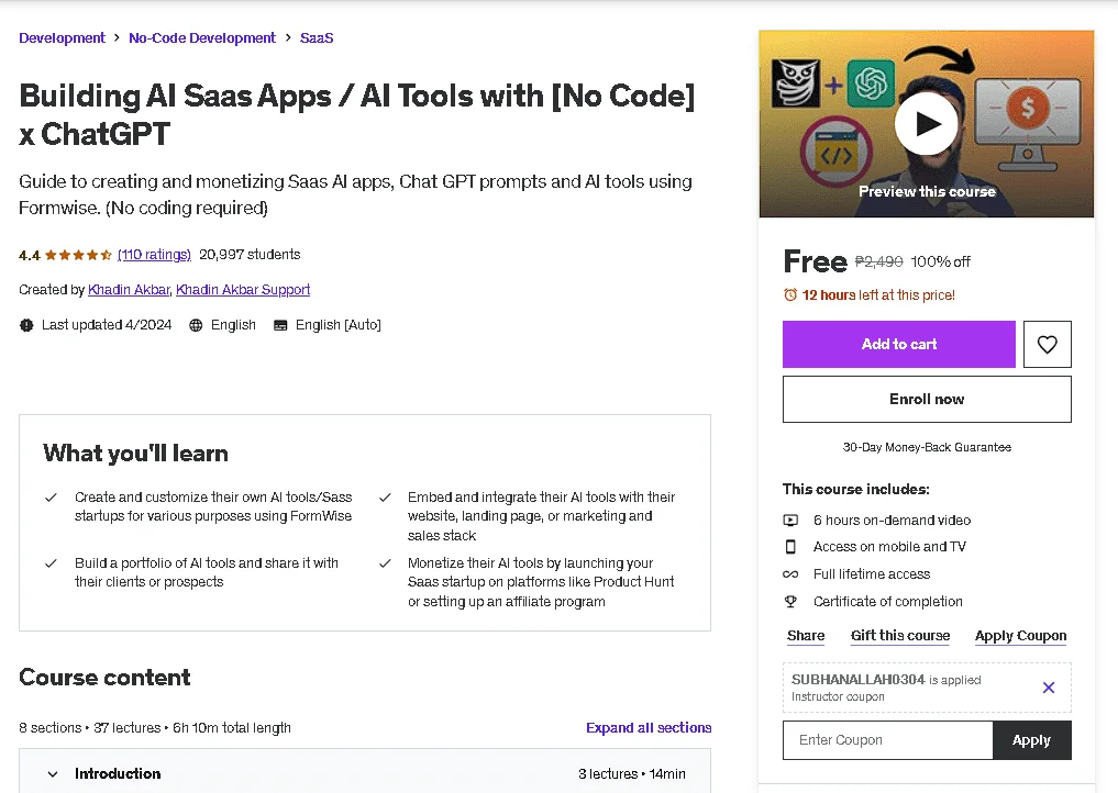 Free Udemy Course: Building AI Saas Apps / AI Tools with [No Code] x ᑕᕼᗩTGᑭT