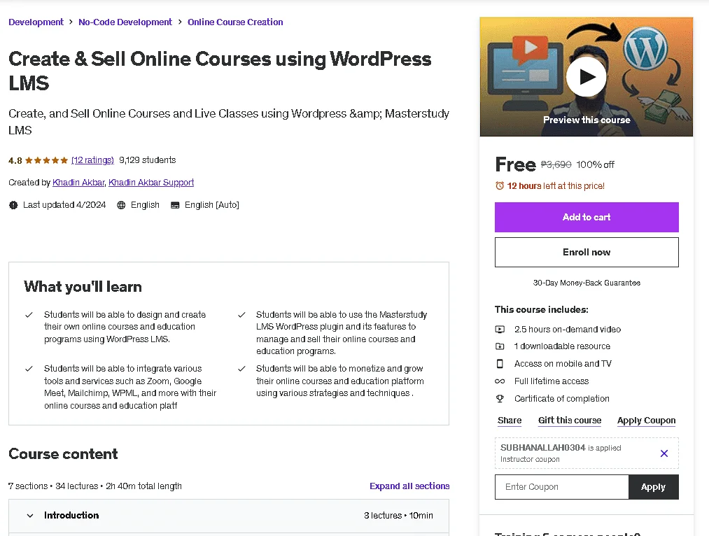 Free Udemy Course: Create & Sell Online Courses using WordPress LMS