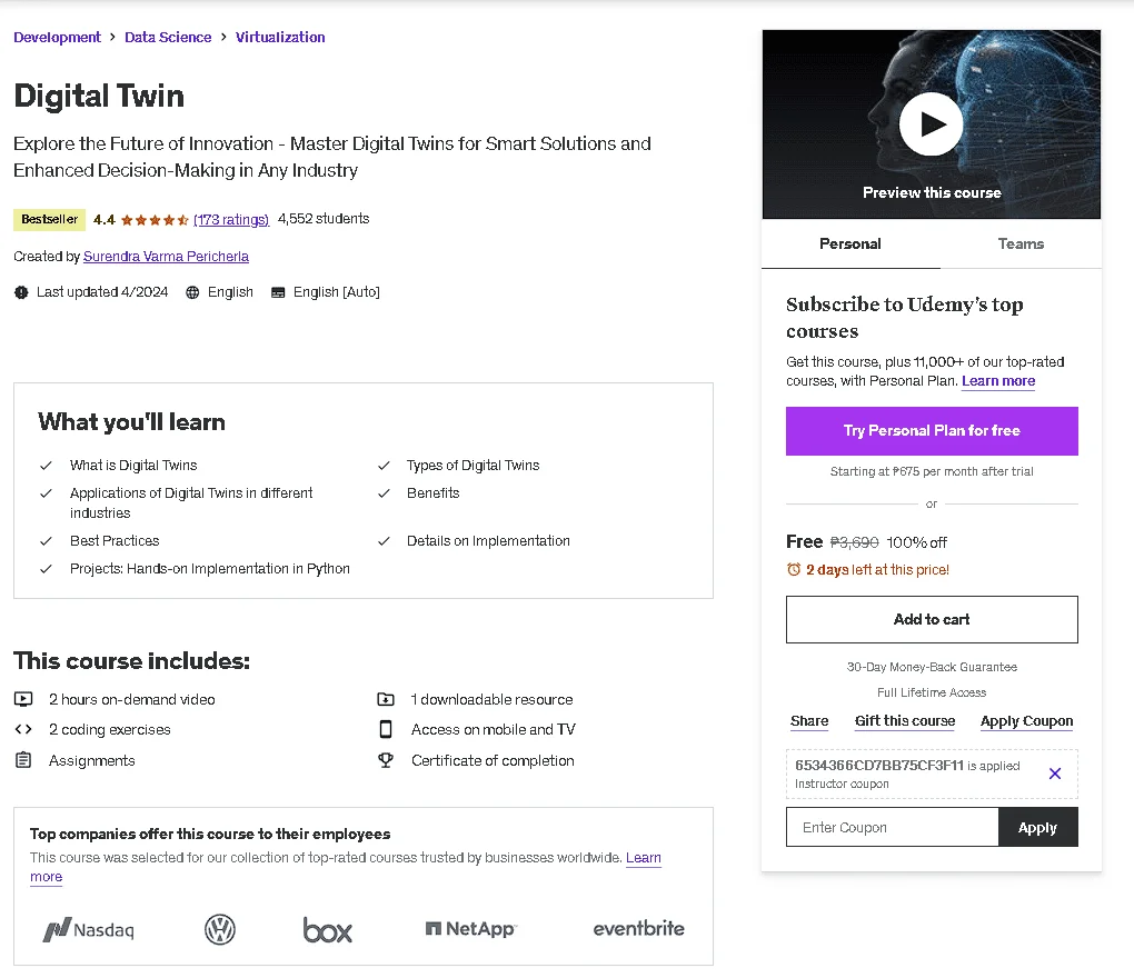 Free Udemy Course: Digital Twin (Bestseller)