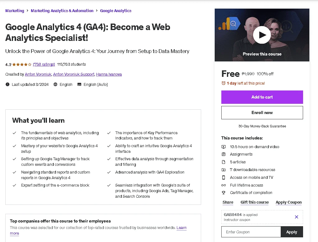 Free Udemy Course: Google Analytics 4 (GA4): Become a Web Analytics Specialist!