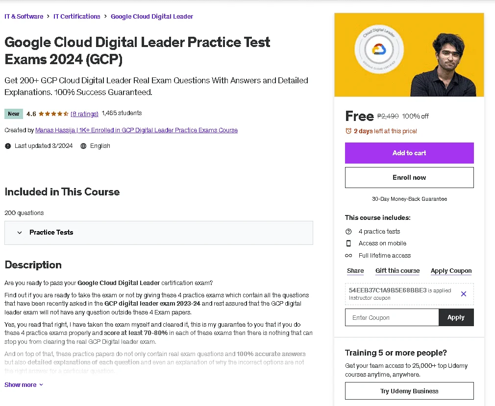 Free Udemy Course: Google Cloud Digital Leader Practice Test Exams 2024 (GCP)