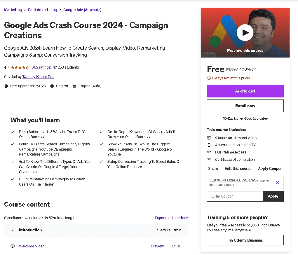 Free Udemy Course: Google Ads Crash Course 2024 - Campaign Creations