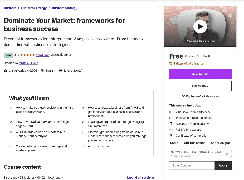 Free Udemy Course: Dominate Your Market: frameworks for business success