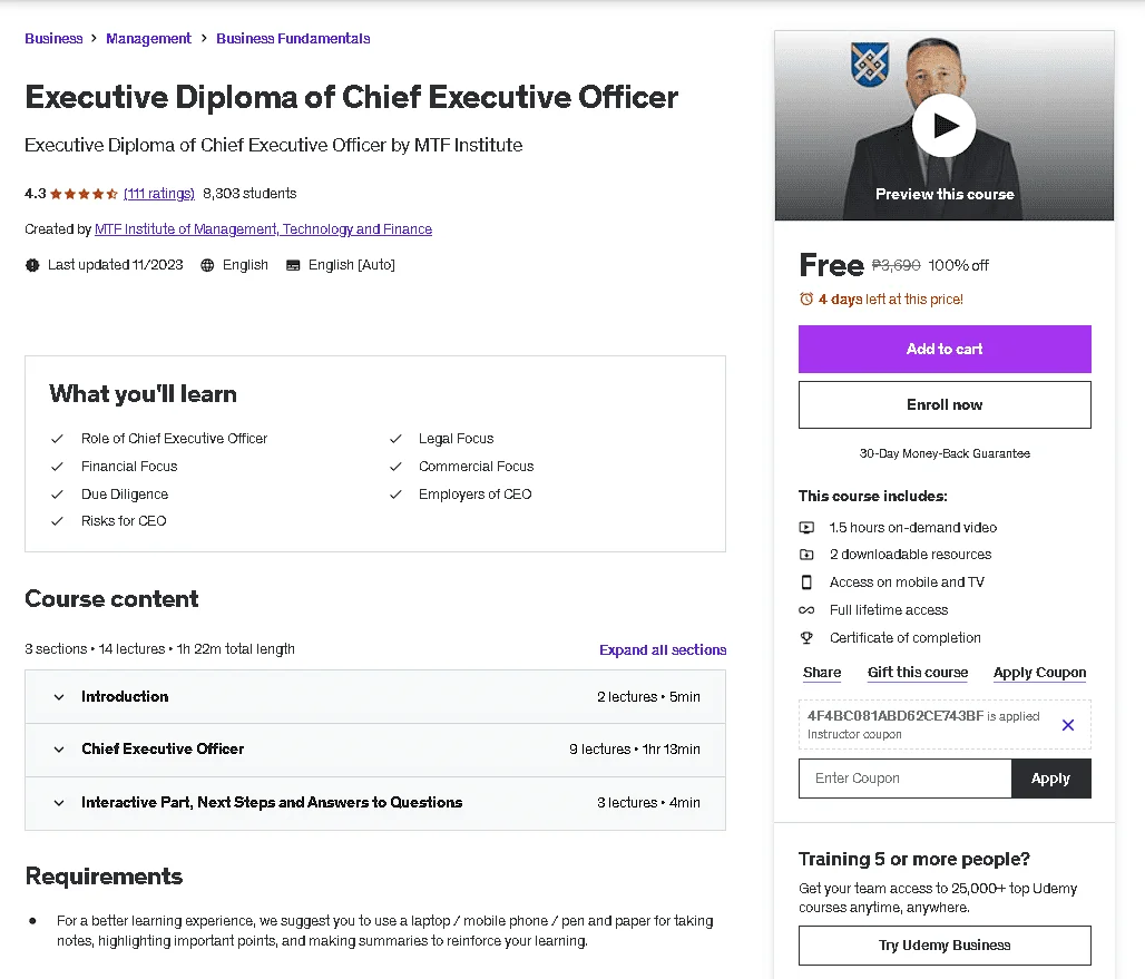 Free Udemy Course: Executive Diploma of Chief Executive Officer