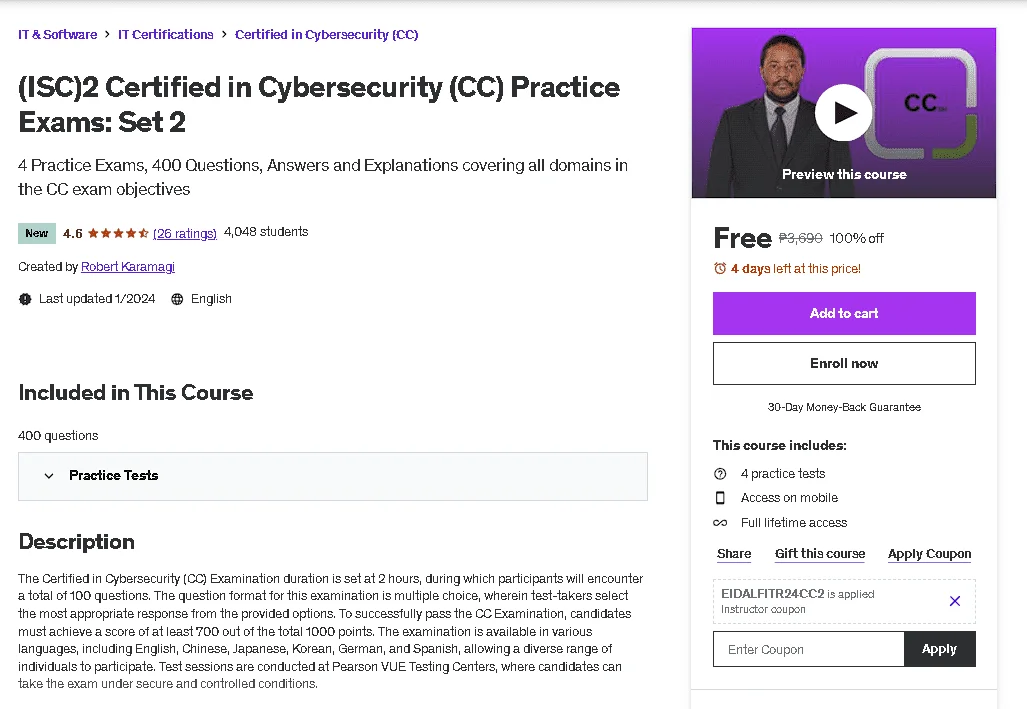 Free Udemy Course: (ISC)2 Certified in Cybersecurity (CC) Practice Exams: Set 2