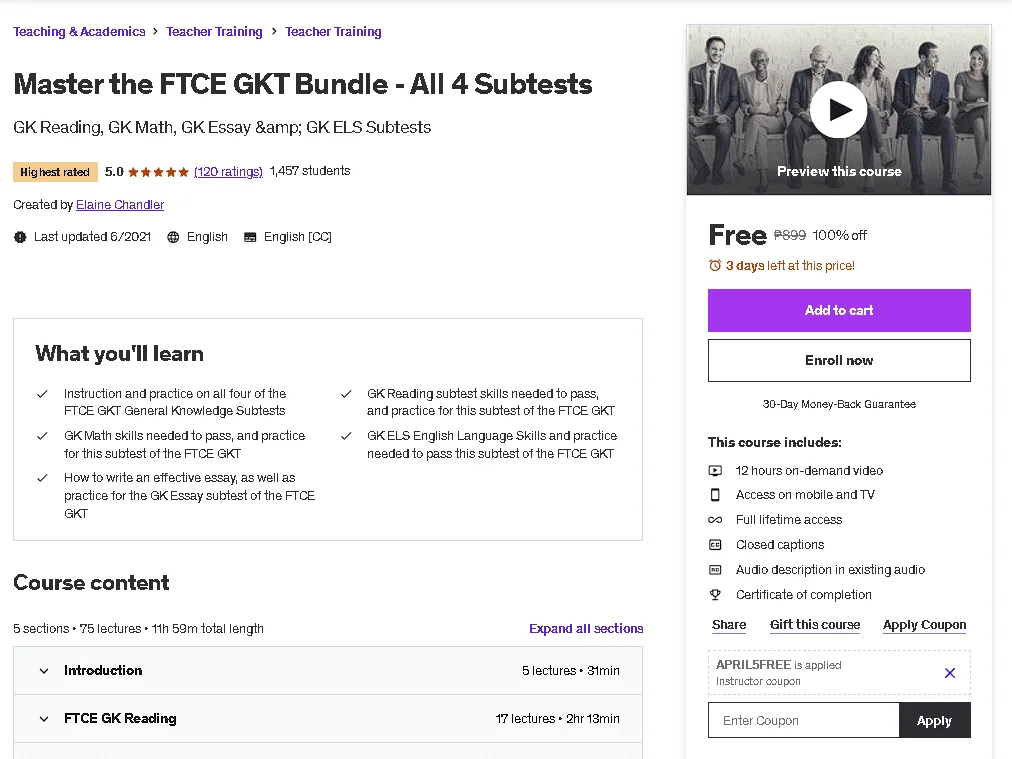 Free Udemy Course: Master the FTCE GKT Bundle - All 4 Subtests (Highest Rated)