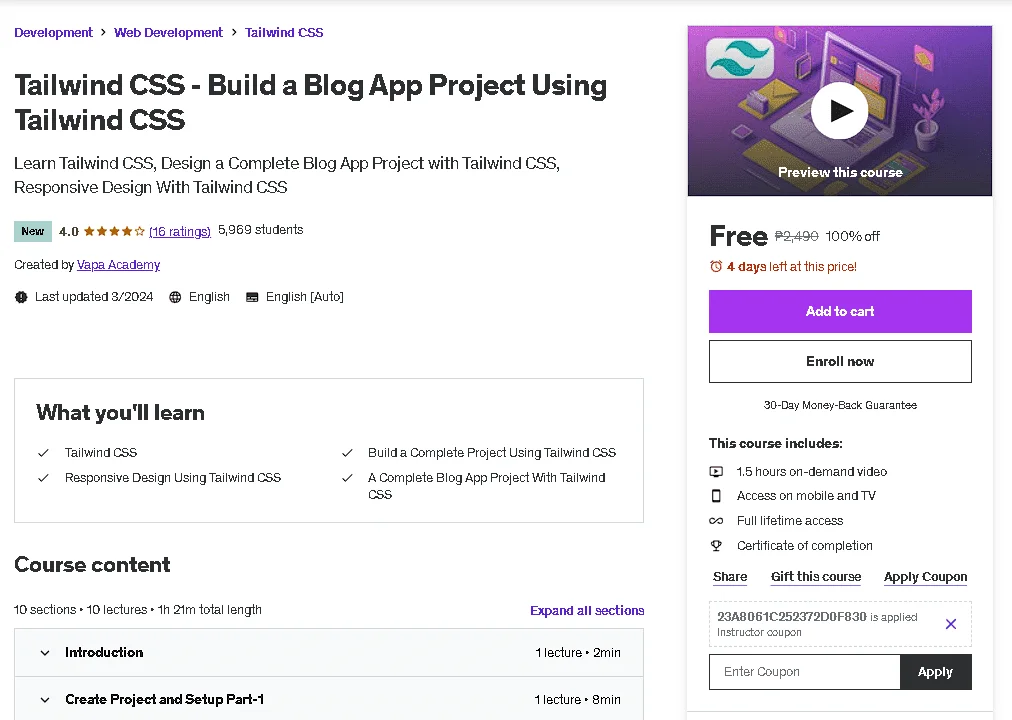 Free Udemy Course: Tailwind CSS - Build a Blog App Project Using Tailwind CSS