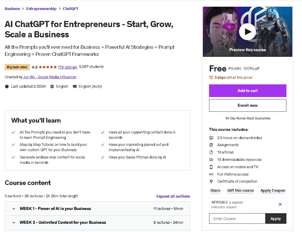 Free Udemy Course: AI ᑕᕼᗩTGᑭT for Entrepreneurs - Start, Grow, Scale a Business (Highest Rated)