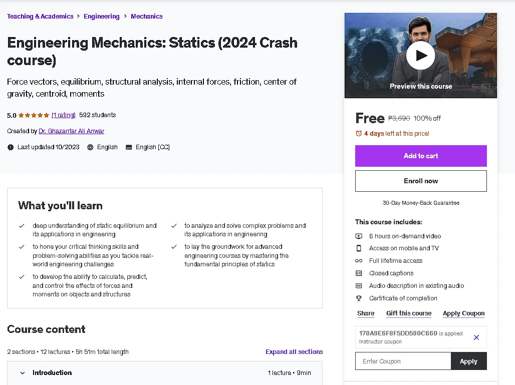 Free Udemy Course: Engineering Mechanics: Statics (2024 Crash course)