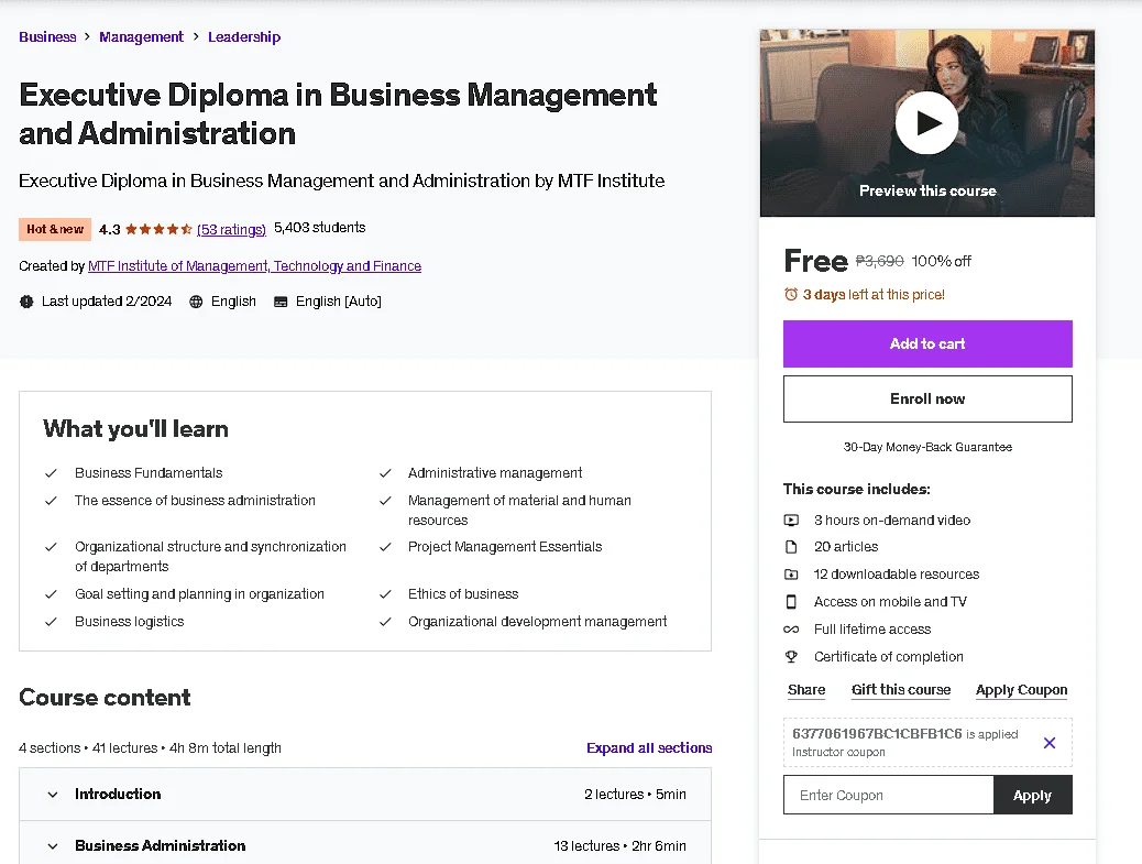 Free Udemy Course: Executive Diploma in Business Management and Administration