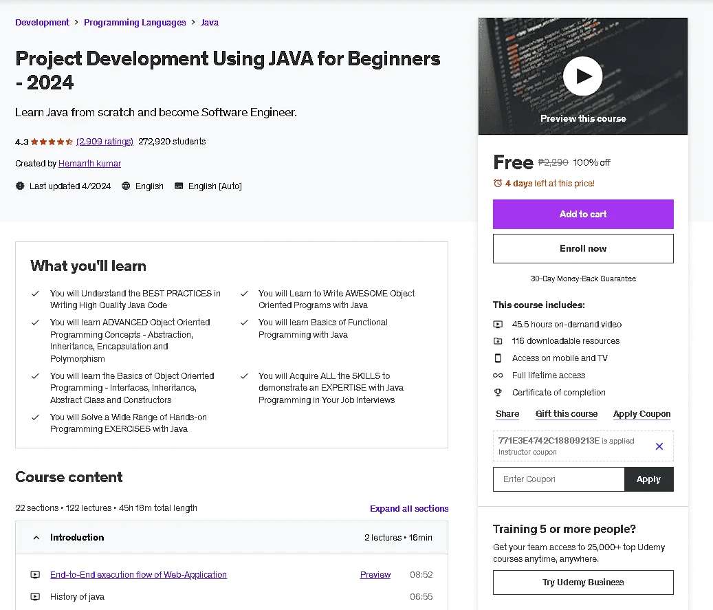 Free Udemy Course: Project Development Using JAVA for Beginners - 2024