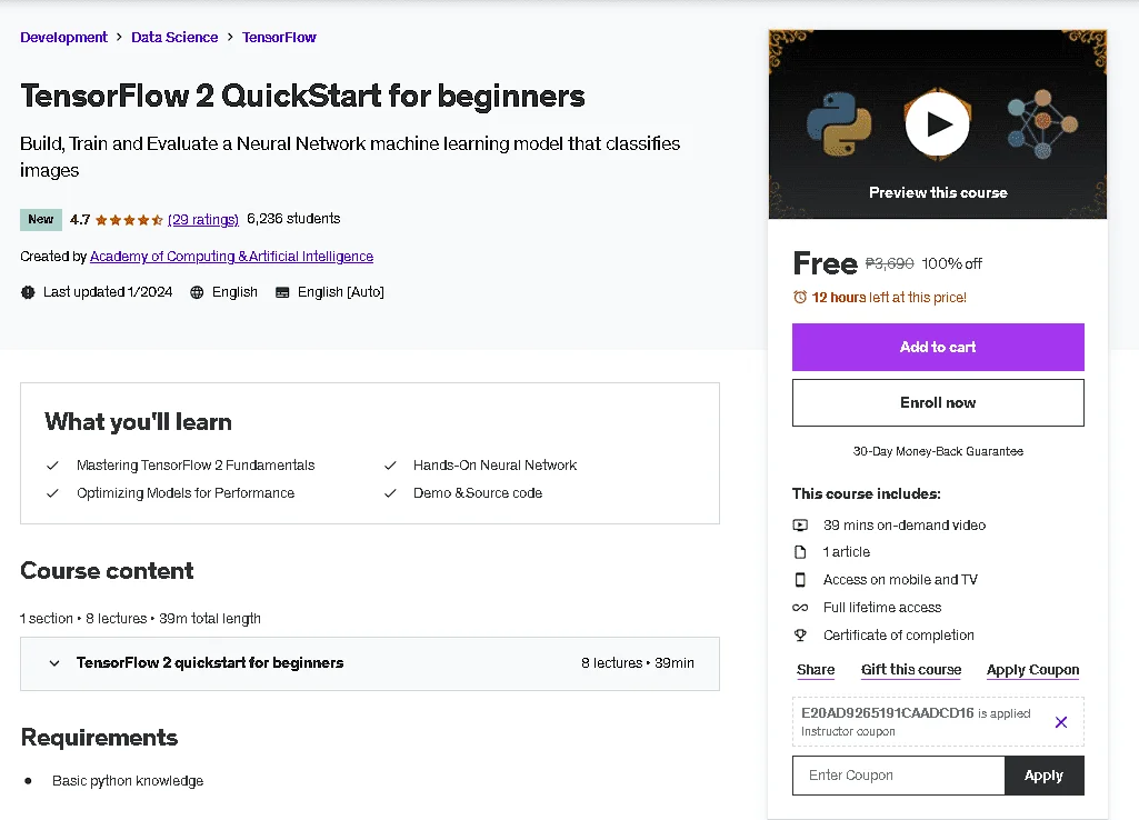 Free Udemy Course: TensorFlow 2 QuickStart for beginners