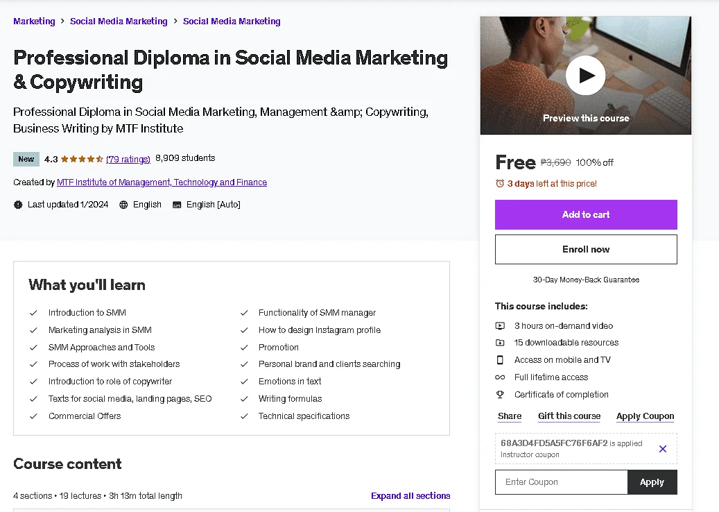 Free Udemy Course: Professional Diploma in Social Media Marketing & Copywriting