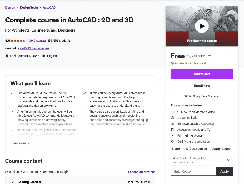 Free Udemy Course: Complete course in AutoCAD : 2D and 3D